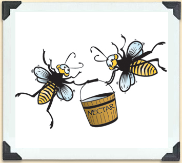 Cartoon illustration of two bees exchanging a pail of nectar. 