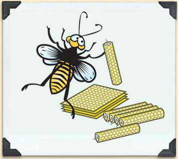 Dessin humoristique d'une abeille fabriquant des chandelles de cire 