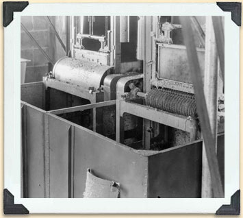 Ces machines à désoperculer automatiques doubles étaient conçues de manière à ce que les opercules tombent dans les cuves situées au-dessous, vers 1920. 