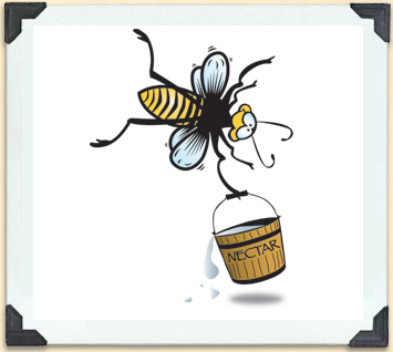 Dessin humoristique d'une abeille transportant un seau de nectar 