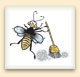 Cartoon illustration of a bee with a broom. 