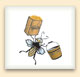 Cartoon illustration of a bee carrying a bag of pollen and a pail of nectar. 